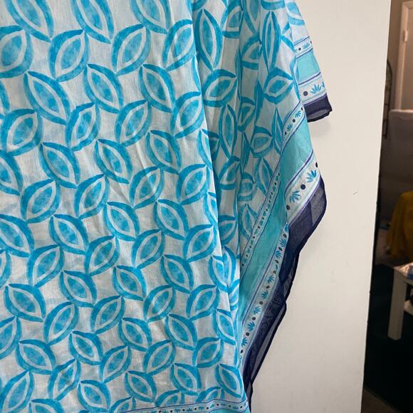 Talbots Silk Blend Lightweight Cover Up Top Leaf Print Turquoise White Sz XS - Picture 3 of 9